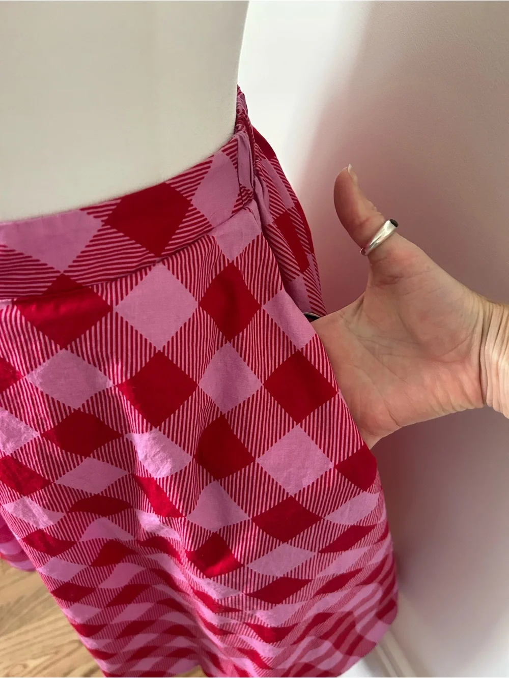 Scoop NYC XS Pink Red Gingham High Waist A Line Midi Skirt Elastic Back